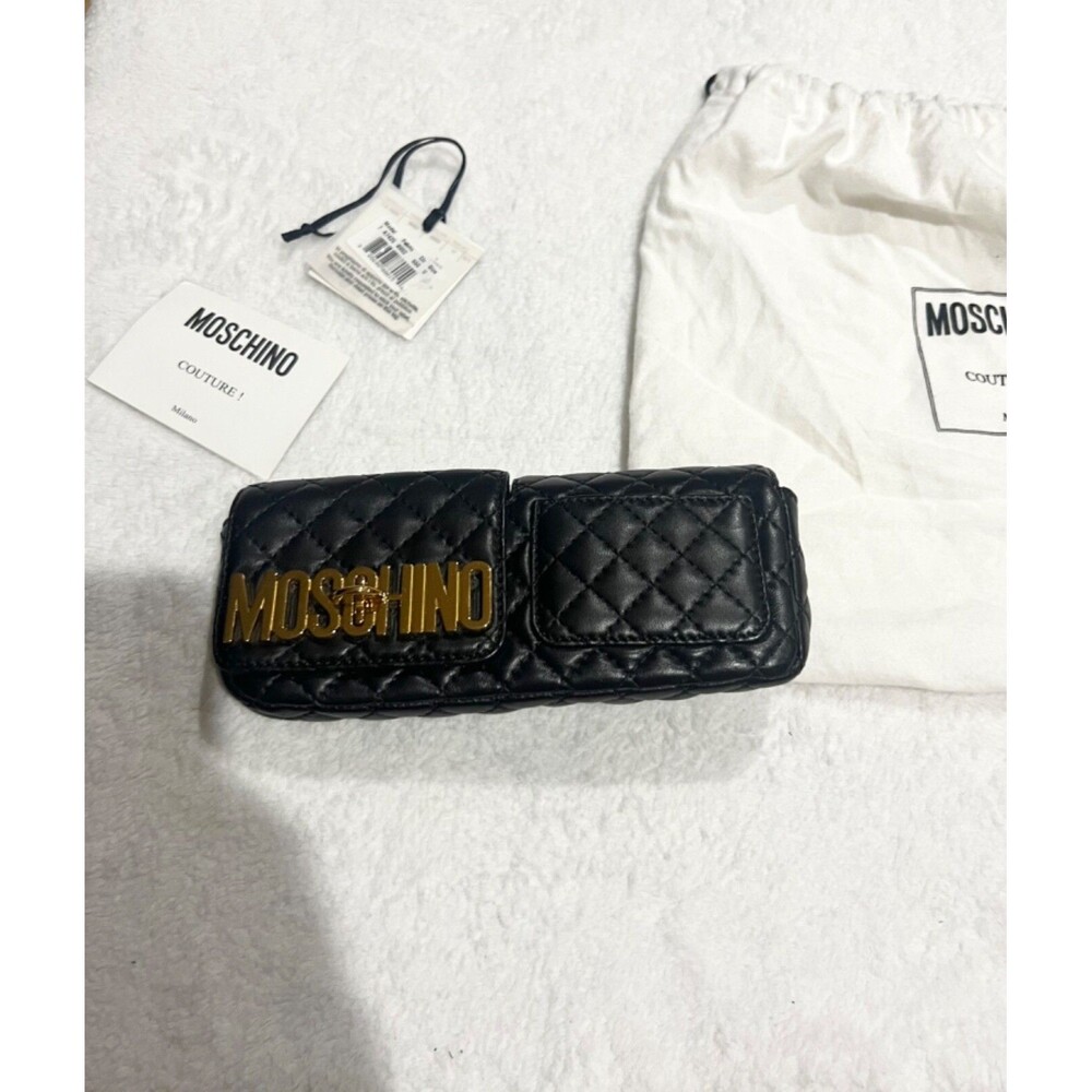 Carried once black quilted moschino clutch bag double gold logo chain handle